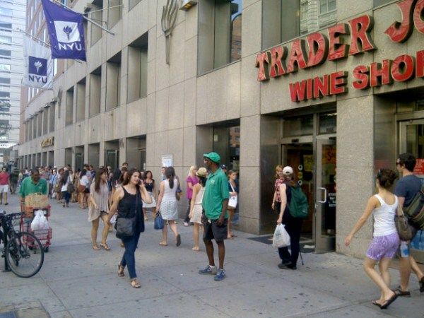 "There is close to a 100 person line at Trader Joes Wine Shop in Union Square"